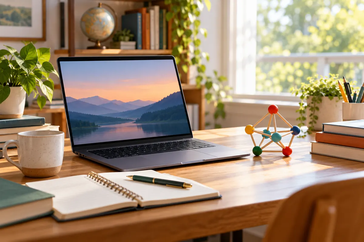 Laptop, caiet și model geometric pe o masă de învățare